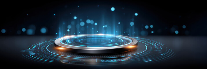 Futuristic round platform with glowing blue cybersecurity light effects and digital aura
