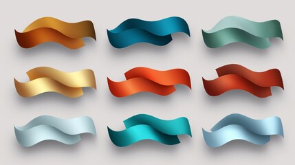 Set of Nine Waving Metallic Ribbons in Various Colors on a Light Background