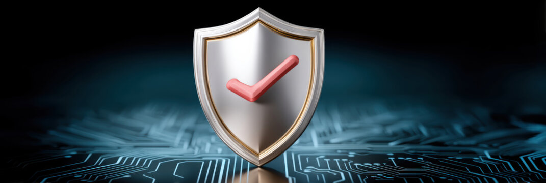Cybersecurity shield with checkmark on circuit board conveying digital protection calm confidence