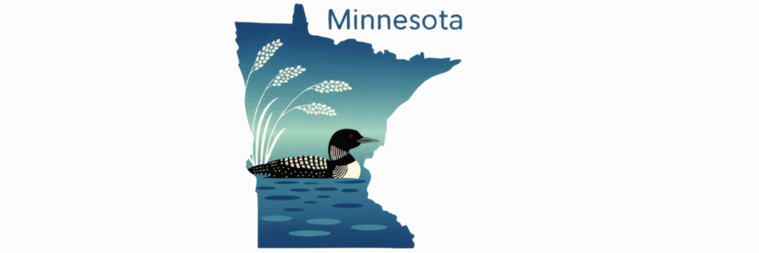 Minnesota state silhouette with common loon and lake scene, blue gradient map illustration of wildlife nature and travel destination design