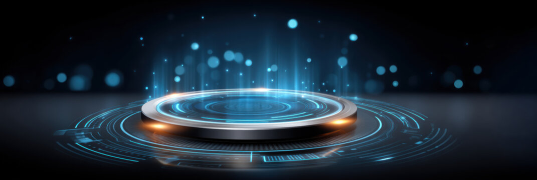 Futuristic round platform with glowing blue cybersecurity light effects and digital aura