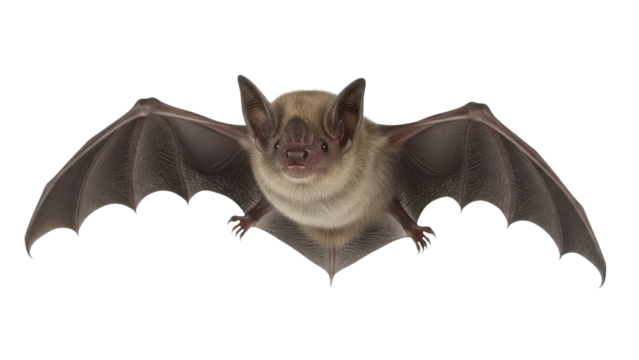 Flying bat with outstretched wings facing camera, cut out, stock png, isolated on transparent background