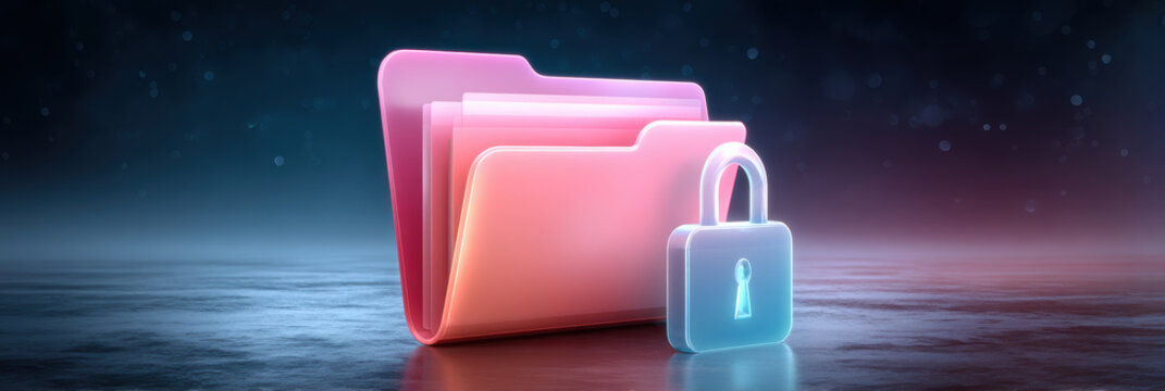 Secure digital folder with cybersecurity theme glowing lock and organized file icon
