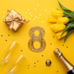 Golden number 8 with tulips, champagne, and gift for celebration