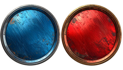 Isolated Set of Distressed Metallic Round Plaques - Scratched Blue and Red Grunge Industrial Background Elements