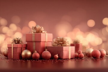 Elegant festive holiday-themed digital illustration with elegant gift boxes, subtle decorations, glowing ambient light, bokeh background, cozy and atmosphere joyful