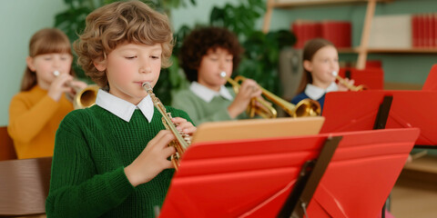 Children playing musical instruments in a classroom at school. Hobby and teamwork concept.