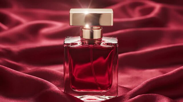 A rectangular perfume bottle on red silk, bathed in light, creating an elegant, luxurious display