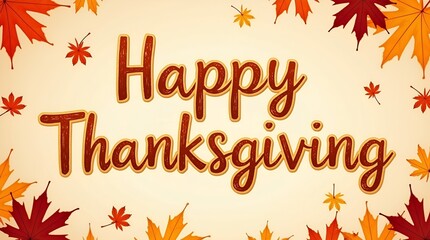 Elegant autumn background featuring swirling colorful leaves and beautifully hand-drawn “Happy Thanksgiving” lettering, rich fall tones, charming seasonal design
