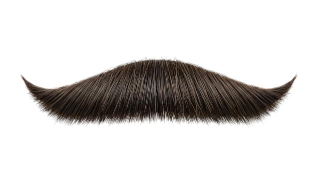 Classic brown mustache with curled ends, cut out, stock png, isolated on transparent background