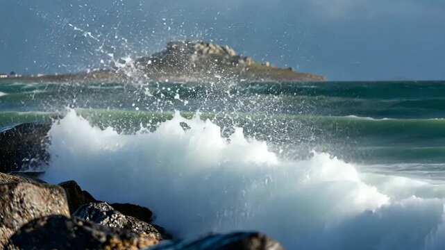 Vigorous ocean waves hit rugged coastal rocks, distant island.