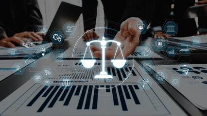 Business professionals engage in a discussion about legal concepts, featuring digital scales of justice to symbolize the intersection of technology and law in modern practice. Raster