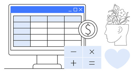 Spreadsheet on computer monitor with dollar sign, math symbols, blooming head symbolizing creativity, and heart shape. Ideal for finance, analytics, growth, innovation, digital tools