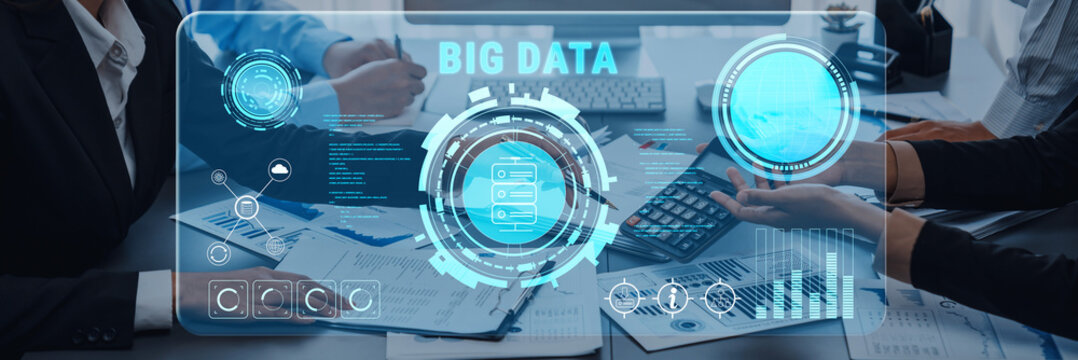 Engaging business meeting focused on big data analysis, featuring digital interface elements and collaborative discussion in a modern office setting. Trope - Powered by Adobe