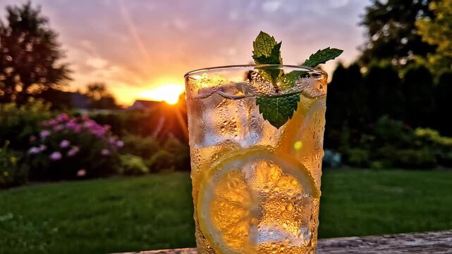 A refreshing, cold glass of lemon drink with mint and ice, with sunset in the background