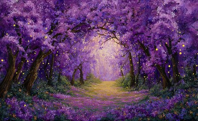 Fototapeta premium Enchanted purple forest path with glowing lights trees