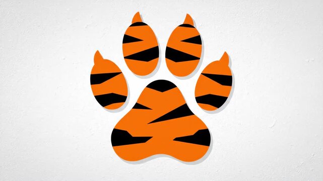 Tiger Paw Print Illustration on White Background, Wild Animal Footprint with Orange and Black Stripes.