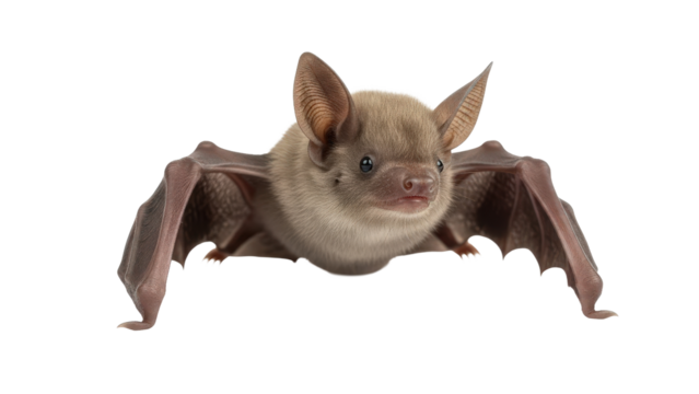 Brown bat with large ears looking forward with wings spread, cut out, stock png, isolated on transparent background