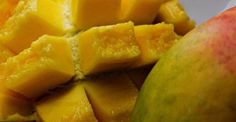 Macro close-up of a ripe mango hanging from a leafy tree branch, with dewdrops and golden skin glowing in natural sunlight. 