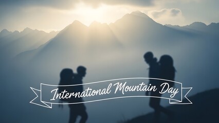 Silhouettes of an adventurous couple hiking in a majestic mountain range at sunrise, a concept of exploration, freedom, and travel