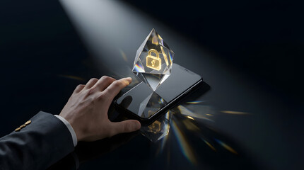 Golden Cybernetic Padlock with Crystal Details for Digital Security 