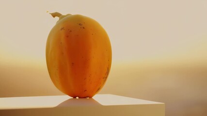A vibrant yellow pepper rests elegantly on a white pedestal, illuminated by soft, warm light. The smooth texture of the pepper contrasts beautifully with the minimalist backdrop.