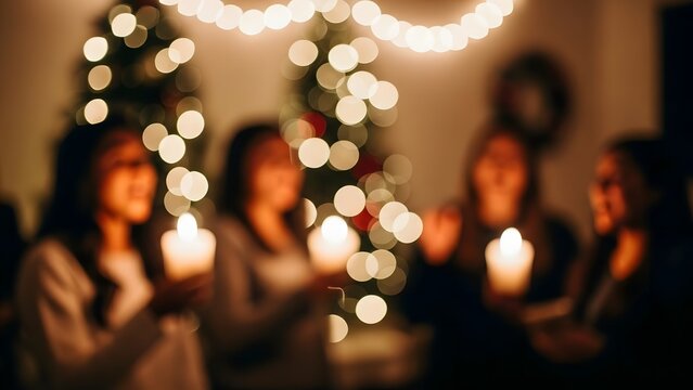 Warm glow of candles lights a festive gathering, people holding flames against blurry holiday tree lights, creating a peaceful and communal atmosphere