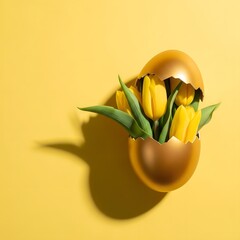 Golden easter egg cracked open with yellow tulips on yellow background