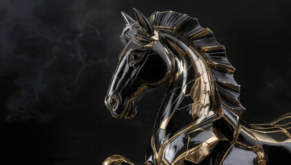 A majestic black horse sculpture with intricate golden cracks, resembling shattered Kintsugi art, stands regally against a dramatic stormy dark background, exuding power and elegance.
