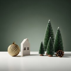 Christmas decoration setup with miniature house and trees