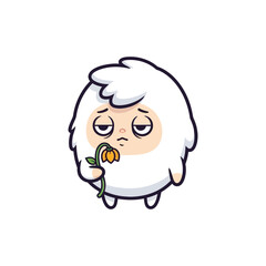 Obraz premium Sad White Creature Holding a Wilted Flower Cartoon Illustration.