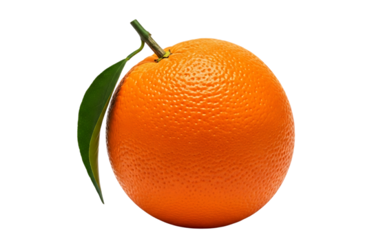 Fresh orange fruit with a green leaf and stem, isolated on black - Powered by Adobe