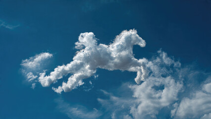 A magnificent cloud formation perfectly shaped like a galloping horse against a clear blue sky, evoking a sense of wonder and freedom.