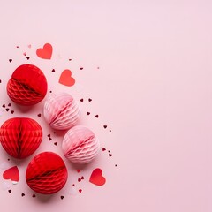 Red and pink honeycomb balls with heart confetti on a pastel background