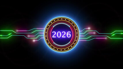 Neon 2026 year text with screen effects of technological background. 2026 year neon text concept animation . They appear through iris out effect n the black background.