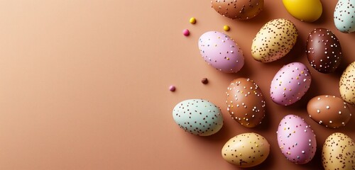 Colorful Chocolate Eggs Arranged on a Warm Brown Background for Easter Celebrations