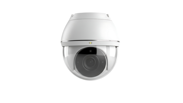 Modern white security camera with dark lens