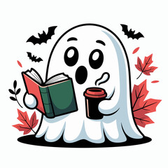 Cute Halloween Ghost Illustration – Cozy Ghost Reading a Book and Drinking Coffee with Autumn Leaves.