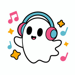 Cute Ghost Listening to Music – Adorable Kawaii Ghost with Headphones and Colorful Music Notes.