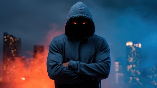 Mysterious Figure in Hooded Sweatshirt with Glowing Eyes