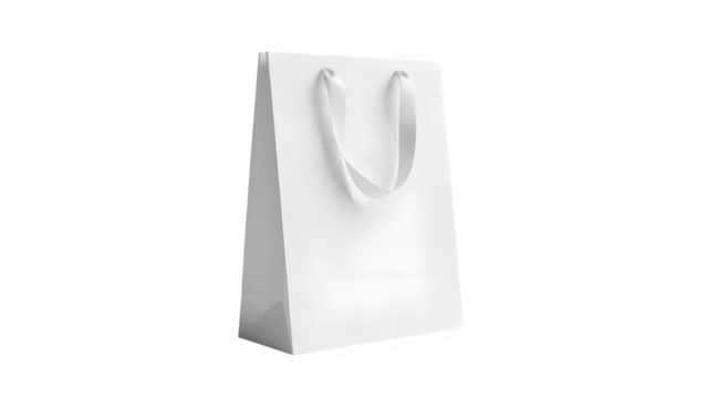 Small white glossy paper gift bag with ribbon handle isolated on transparent background