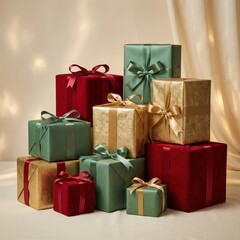 Fototapeta premium Stacked Christmas Gift Boxes in Red, Gold and Green