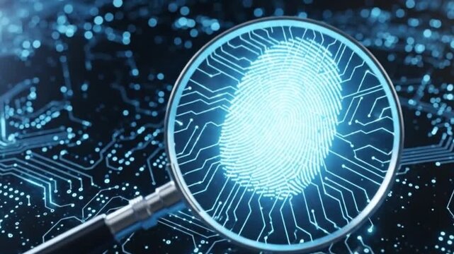 Digital fingerprint analysis with a magnifying glass on circuit board background