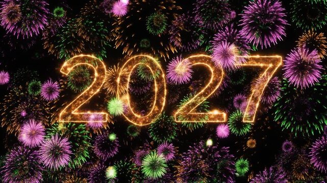 Happy New Year celebration party with bright gold stars, festive fireworks, and light decoration vector illustration