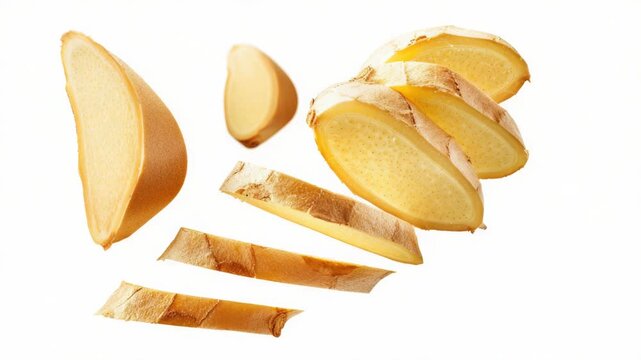 Video Freshly cut ginger slice on a clean white background, perfect for food or still life 