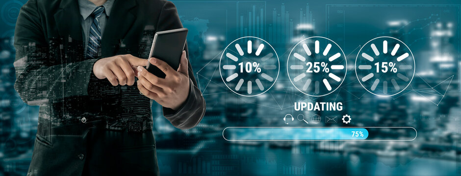 A concept of a system update and software installation. A progress bar and loading icons showing the update percentage and status. Motif