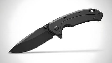Obraz premium A sleek, dark matte folding knife partially opened with a curved blade and ergonomic handle.