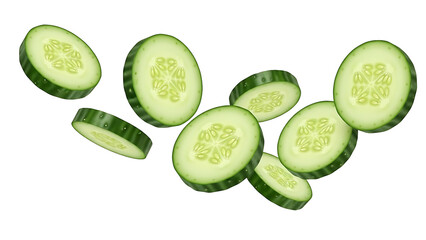Fresh cucumber slices floating against black background