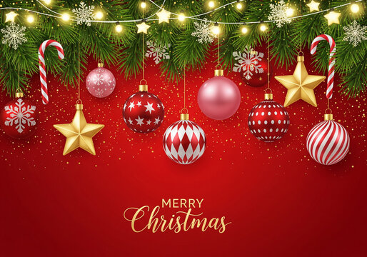 Festive christmas ornaments and candy canes adorn a glittering red background with twinkling lights