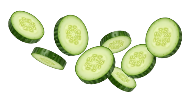Fresh cucumber slices floating against black background